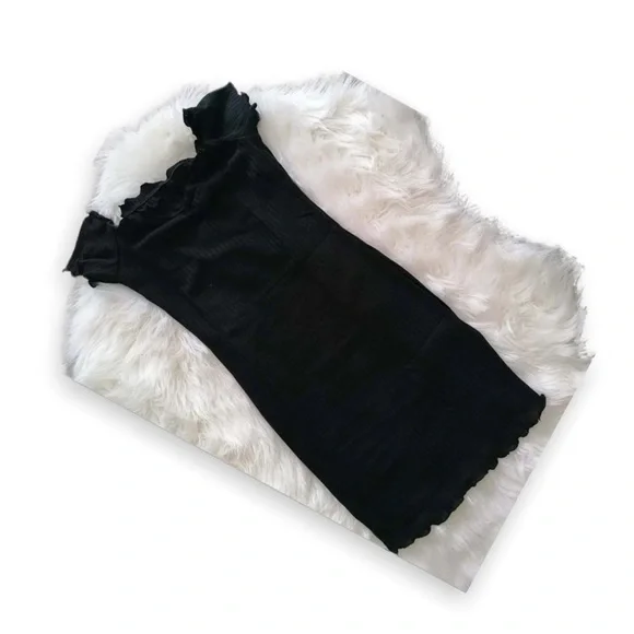 New Casual Black Lettuce Trim Ribbed Off-the-Shoulder Bodycon Mini Pencil Dress - Picture 14 of 15